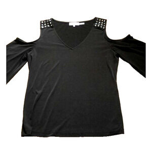 Calvin Klein Black V-Neck Cold Shoulder Silver Studs Top Shirt Size Medium